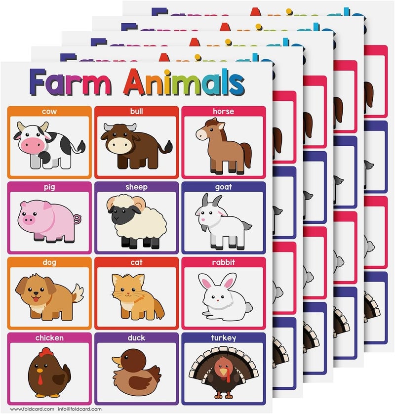 FoldCard Educational Charts for Preschool to Grade 1 Kids – Bright and Colorful Educational Visual/Learning Aid Posters | Glossy Durable Cardstock | 8.5" x 11" | 5 per Pack (Farm Animals) - Image 1